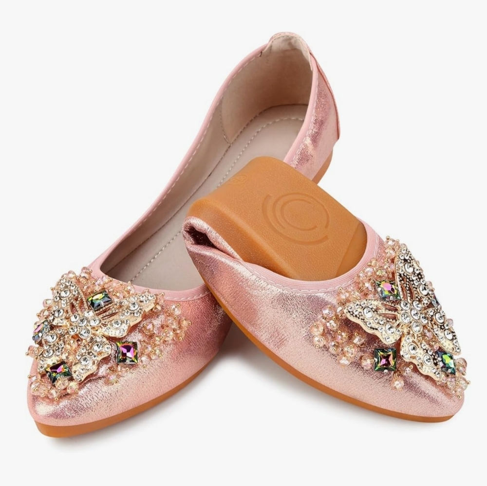 Ballet Flats Rhinestone Foldable Sparkly Comfort Slip On Shoes 38 (US 7)